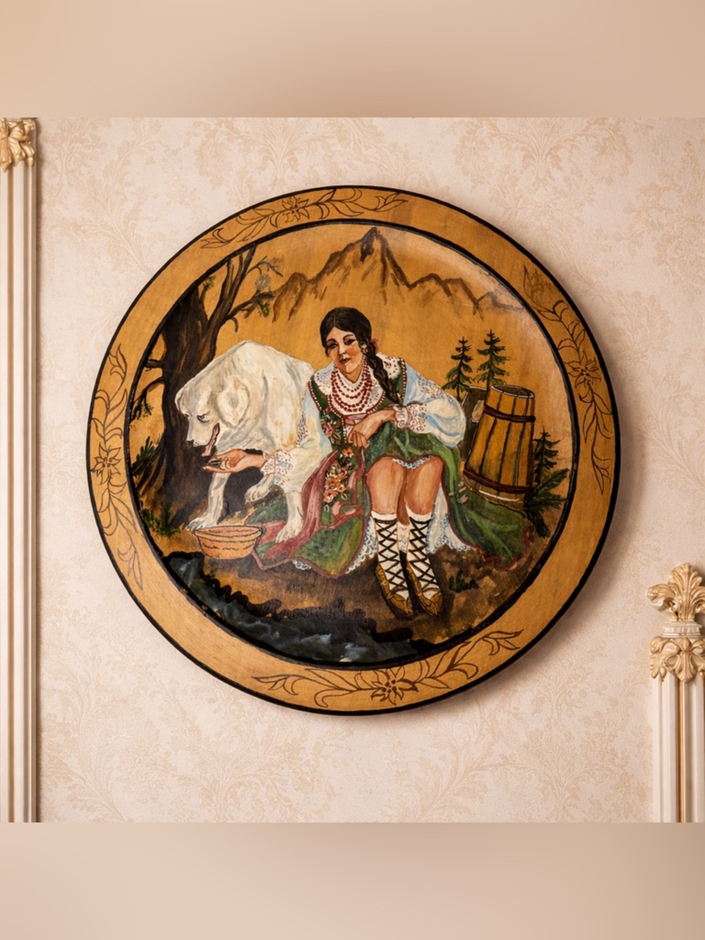 Vintage Women Sitting With Dog Art Wooden